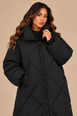 Lottie Diamond Quilted Long Puffer Coat – Black