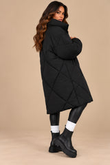 Lottie Diamond Quilted Long Puffer Coat – Black