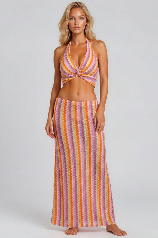 Jada Zig Zag Halterneck Top & Maxi Skirt Co-Ord Set - Pink
