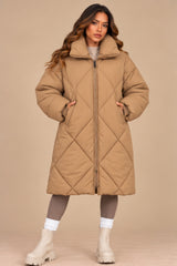 Lottie Diamond Quilted Long Puffer Coat – Camel