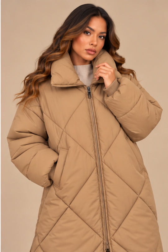 Lottie Diamond Quilted Long Puffer Coat – Camel
