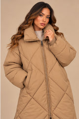 Lottie Diamond Quilted Long Puffer Coat – Camel
