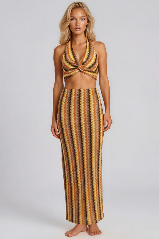 Jada Zig Zag Halterneck Top & Maxi Skirt Co-Ord Set - Orange
