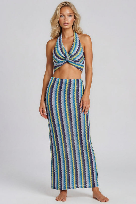 Jada Zig Zag Halterneck Top & Maxi Skirt Co-Ord Set - Blue