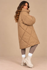 Lottie Diamond Quilted Long Puffer Coat – Camel