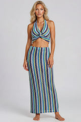 Jada Zig Zag Halterneck Top & Maxi Skirt Co-Ord Set - Blue