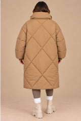 Lottie Diamond Quilted Long Puffer Coat – Camel
