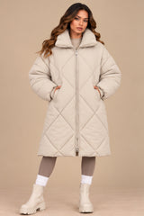 Lottie Diamond Quilted Long Puffer Coat – Cream