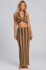 Jada Zig Zag Halterneck Top & Maxi Skirt Co-Ord Set - Khaki