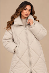 Lottie Diamond Quilted Long Puffer Coat – Cream