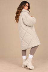 Lottie Diamond Quilted Long Puffer Coat – Cream