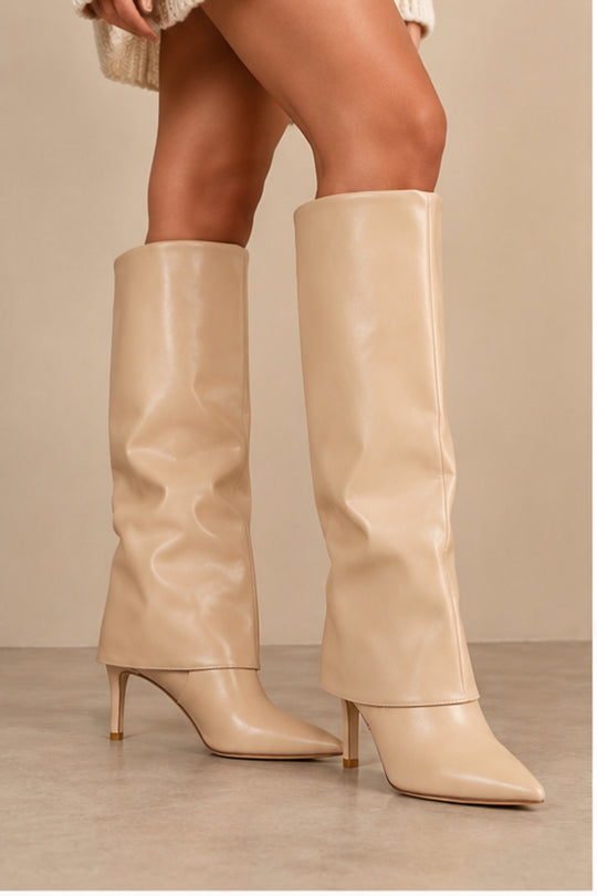 Elise Fold-Over Pointed Knee-High Boots – Beige