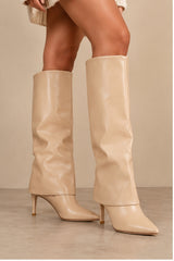 Elise Fold-Over Pointed Knee-High Boots – Beige