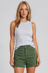 Charlotte High Waisted Stretch Denim Shorts - Khaki