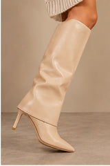 Elise Fold-Over Pointed Knee-High Boots – Beige