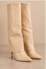 Elise Fold-Over Pointed Knee-High Boots – Beige