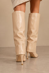 Elise Fold-Over Pointed Knee-High Boots – Beige