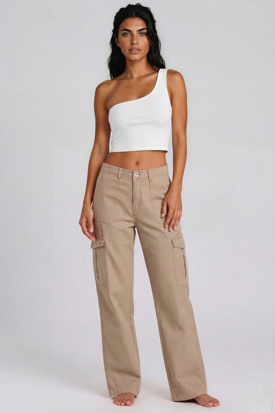 Laura Stretch Straight Leg Cargo Trousers – Beige
