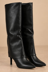 Elise Fold-Over Pointed Knee-High Boots -Black