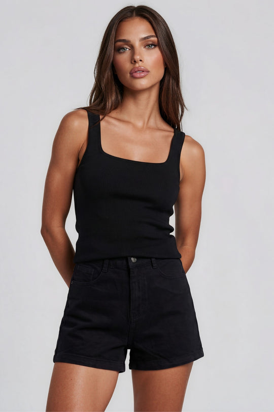 Charlotte High Waisted Stretch Denim Shorts - Black