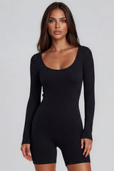 Esme Long Sleeve Ribbed Unitard Playsuit – Black