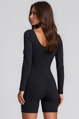 Esme Long Sleeve Ribbed Unitard Playsuit – Black