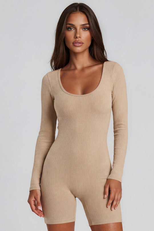 Esme Long Sleeve Ribbed Unitard Playsuit – Beige
