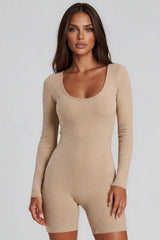 Esme Long Sleeve Ribbed Unitard Playsuit – Beige