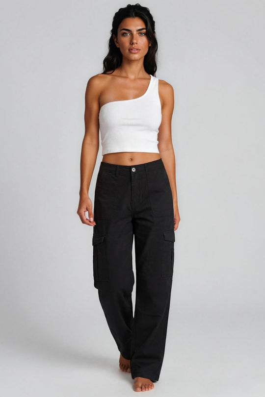 Laura Stretch Straight Leg Cargo Trousers – Black
