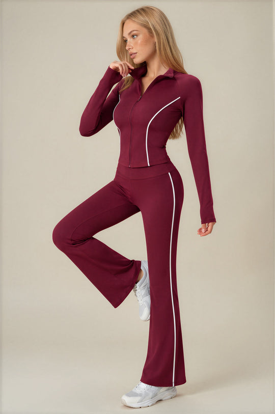Eliza Piped Flared Zip-Up Co-Ord Set - Wine