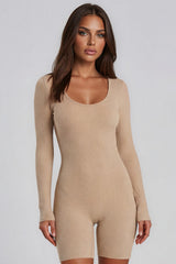 Esme Long Sleeve Ribbed Unitard Playsuit – Beige
