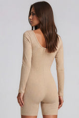 Esme Long Sleeve Ribbed Unitard Playsuit – Beige
