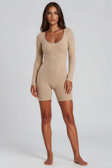 Esme Long Sleeve Ribbed Unitard Playsuit – Beige
