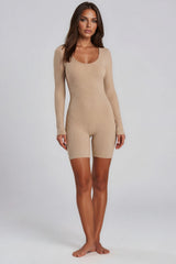 Esme Long Sleeve Ribbed Unitard Playsuit – Beige