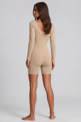 Esme Long Sleeve Ribbed Unitard Playsuit – Beige