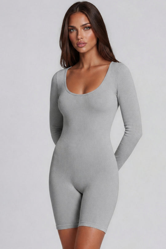 Esme Long Sleeve Ribbed Unitard Playsuit – Grey