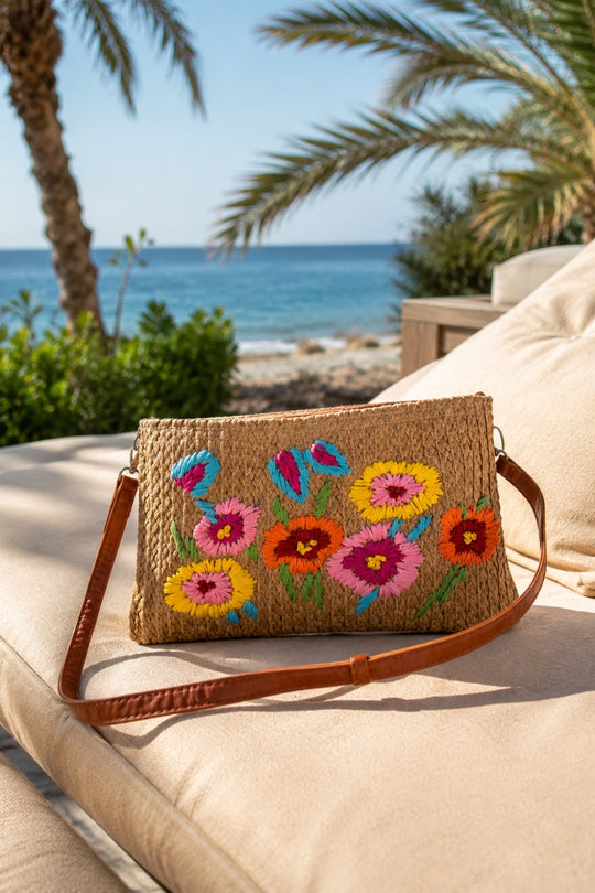 Floral Embroidered Straw Crossbody Bag - Natural