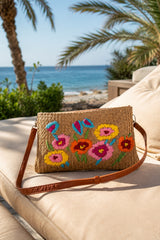 Floral Embroidered Straw Crossbody Bag - Natural
