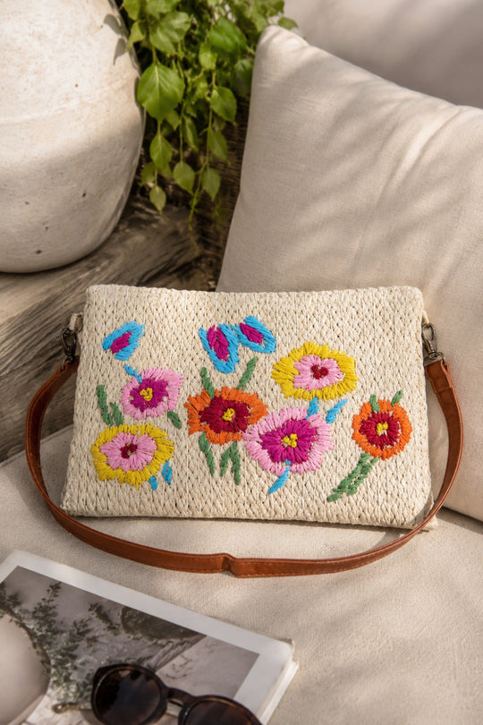 Floral Embroidered Straw Crossbody Bag - Cream