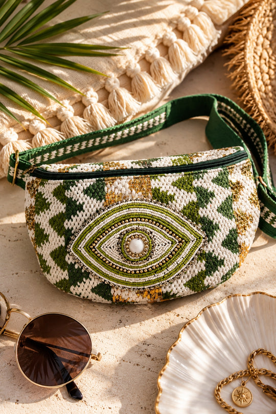 Evil Eye Beaded Festival Belt Bag - Green