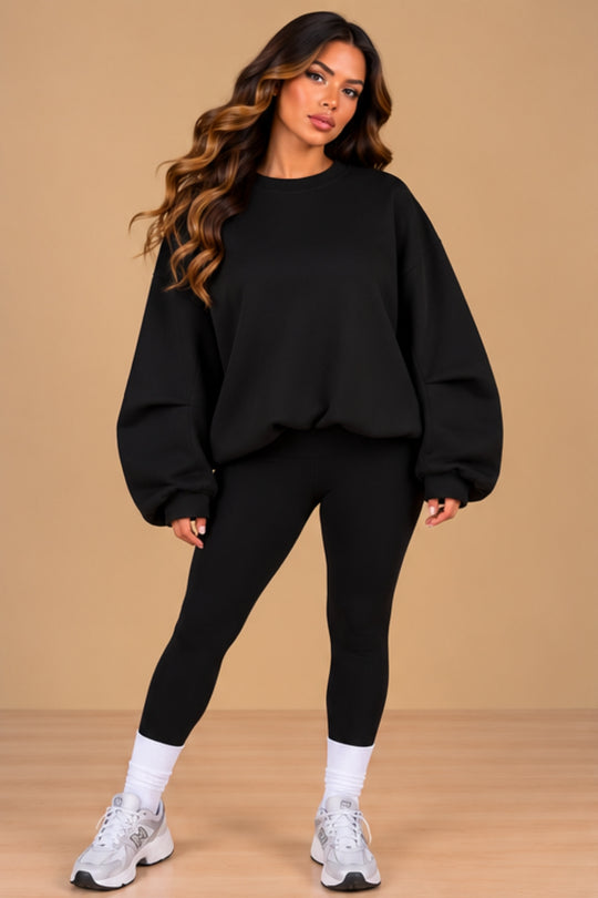 Imogen Oversized Ruched Hem Fleece Sweatshirt – Black