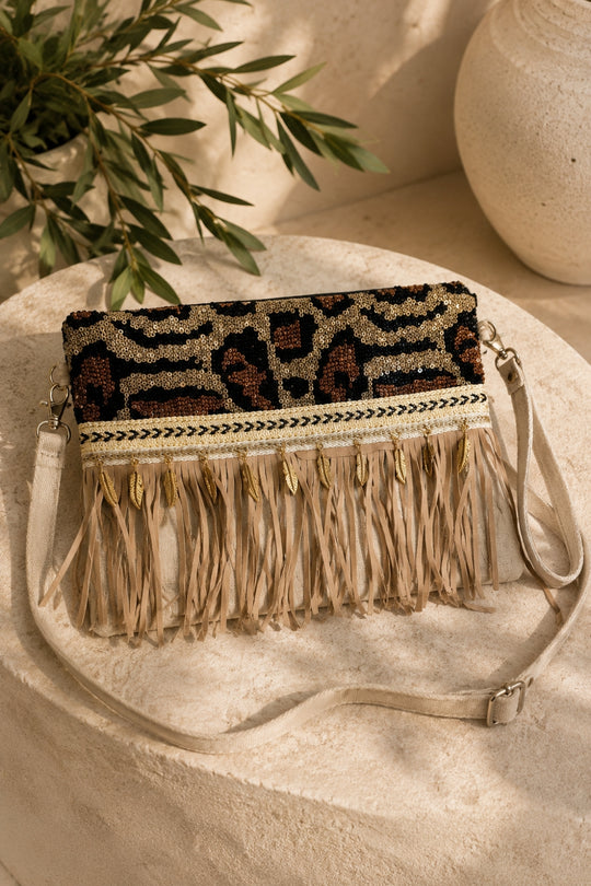 Leopard Sequin Fringe Clutch & Crossbody Bag
