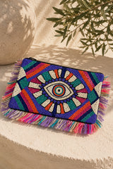Boho Evil Eye Beaded Fringe Clutch Bag - Purple