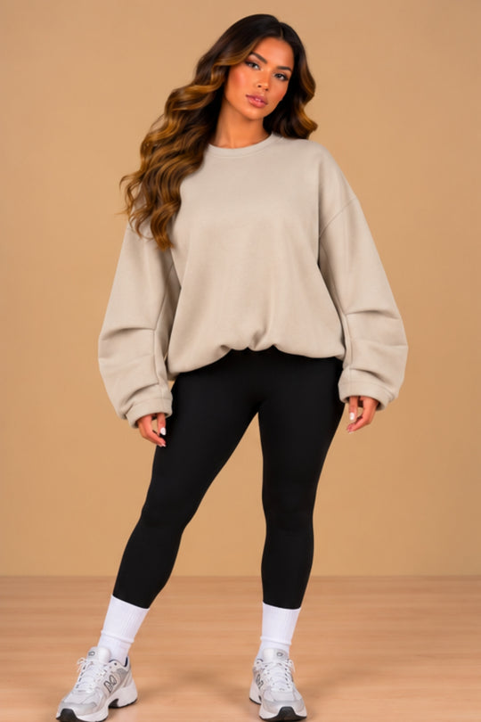 Imogen Oversized Ruched Hem Fleece Sweatshirt – Beige