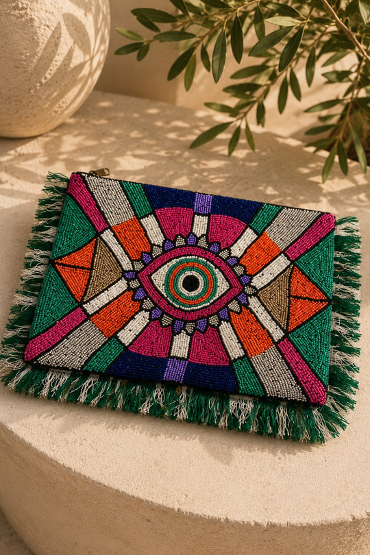 Boho Evil Eye Beaded Fringe Clutch Bag - Green