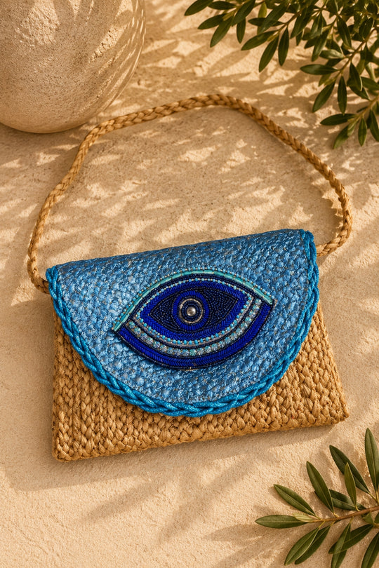 Santorini Evil Eye Woven Straw Crossbody Bag