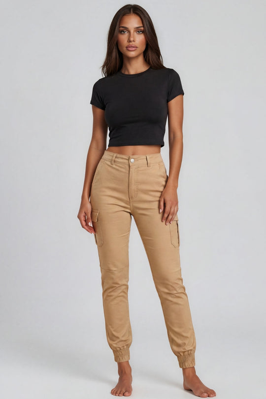 Charlene Wet Look Coated Cargo Trousers – Beige