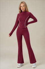 Eliza Piped Flared Zip-Up Co-Ord Set - Wine