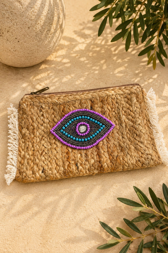 Boho Evil Eye Woven Straw Clutch Bag - Purple