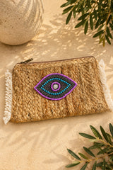 Boho Evil Eye Woven Straw Clutch Bag - Purple